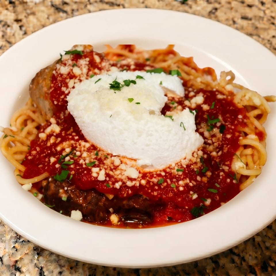 Spaghetti with red sauce, a large meatball, ricotta cheese, and parsley in a white bowl.