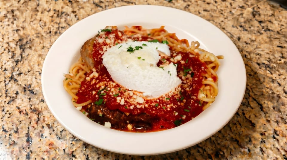 Spaghetti with red sauce, a large meatball, ricotta cheese, and parsley in a white bowl.