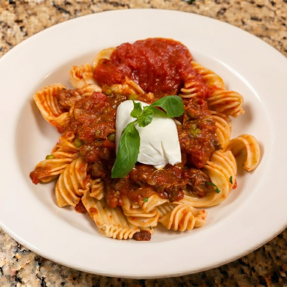 Pasta with red sauce, a dollop of burrata cheese, and basil on a white plate.