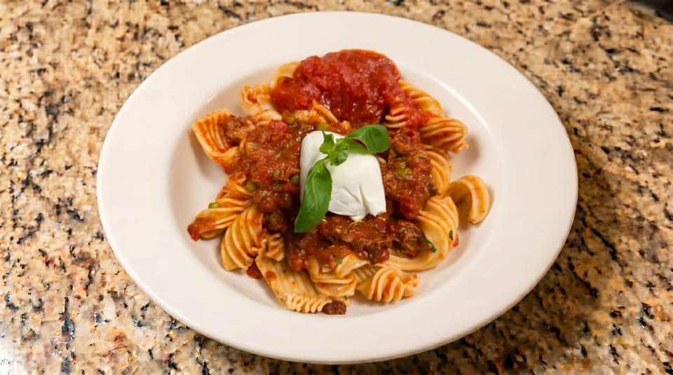 Pasta with red sauce, a dollop of burrata cheese, and basil on a white plate.