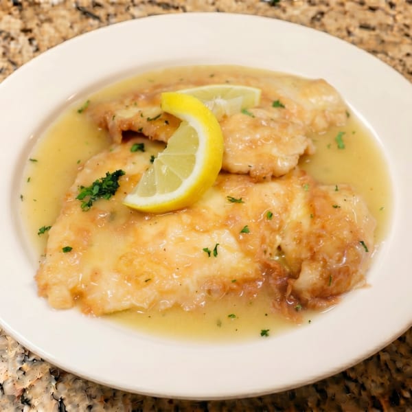 Chicken piccata with lemon slices and parsley in a white bowl on a granite countertop.
