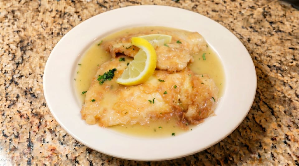 Chicken piccata with lemon slices and parsley in a white bowl on a granite countertop.