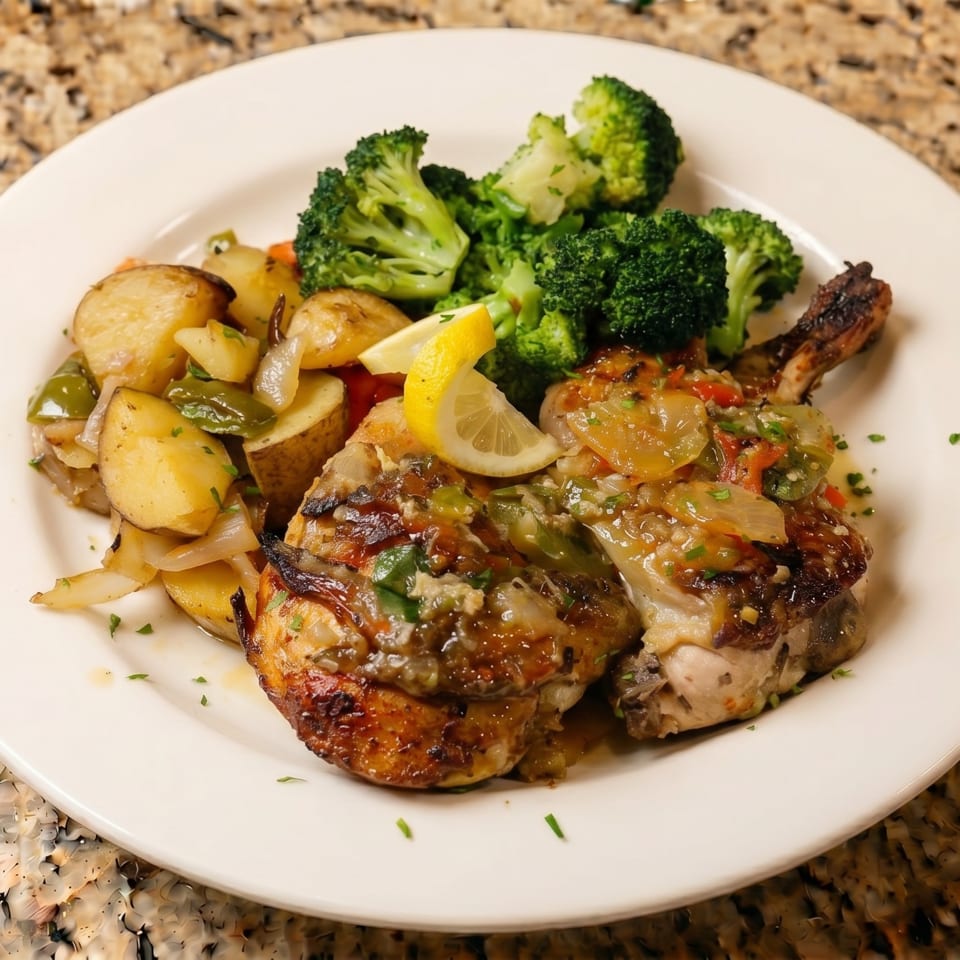 Grilled chicken with lemon, roasted potatoes, onions, peppers, and broccoli on a white plate.