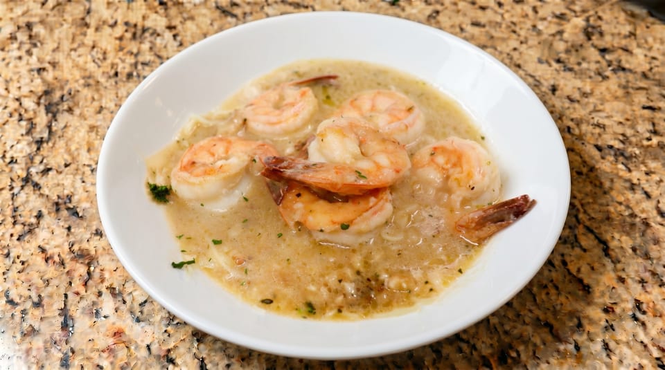 A white bowl filled with shrimp scampi in a creamy sauce, garnished with herbs.
