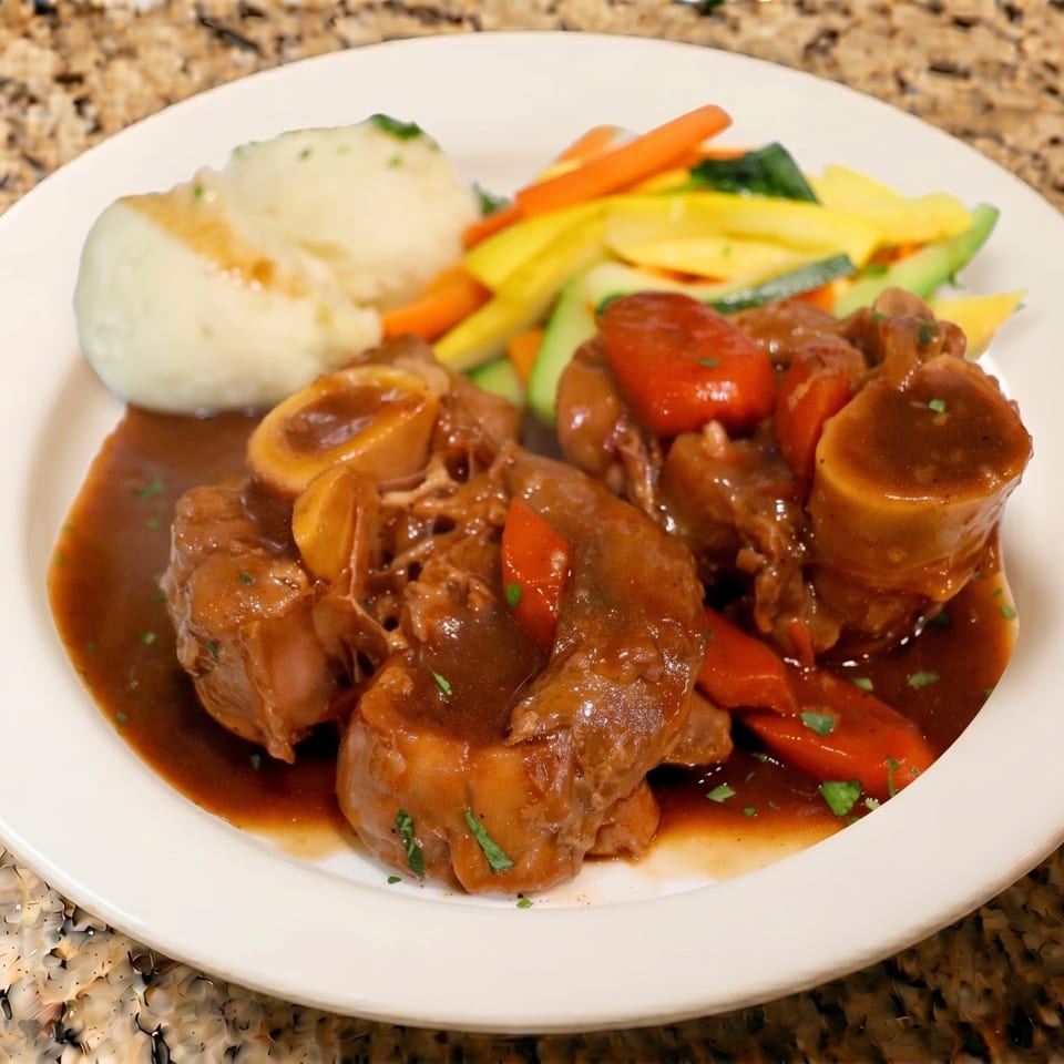Braised meat with gravy, mashed potatoes, and mixed vegetables on a white plate.