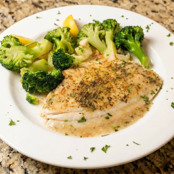 White fish fillet with herbs, sauce, and steamed broccoli on a white plate.