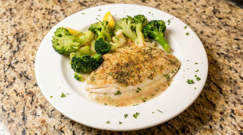 White fish fillet with herbs, sauce, and steamed broccoli on a white plate.