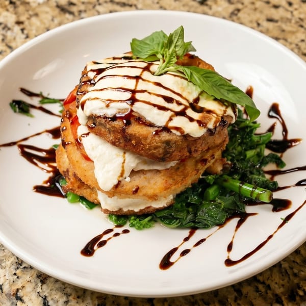 Stacked fried eggplant with mozzarella, tomatoes, basil, and balsamic glaze on a bed of greens.