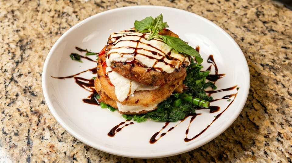 Stacked fried eggplant with mozzarella, tomatoes, basil, and balsamic glaze on a bed of greens.