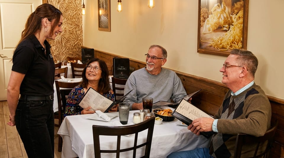 A server smiles while taking orders from three happy customers at a restaurant table.